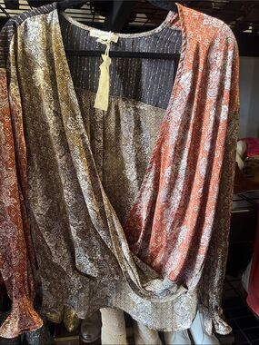 Mystree Brown and Rust Printed Surplice Blouse